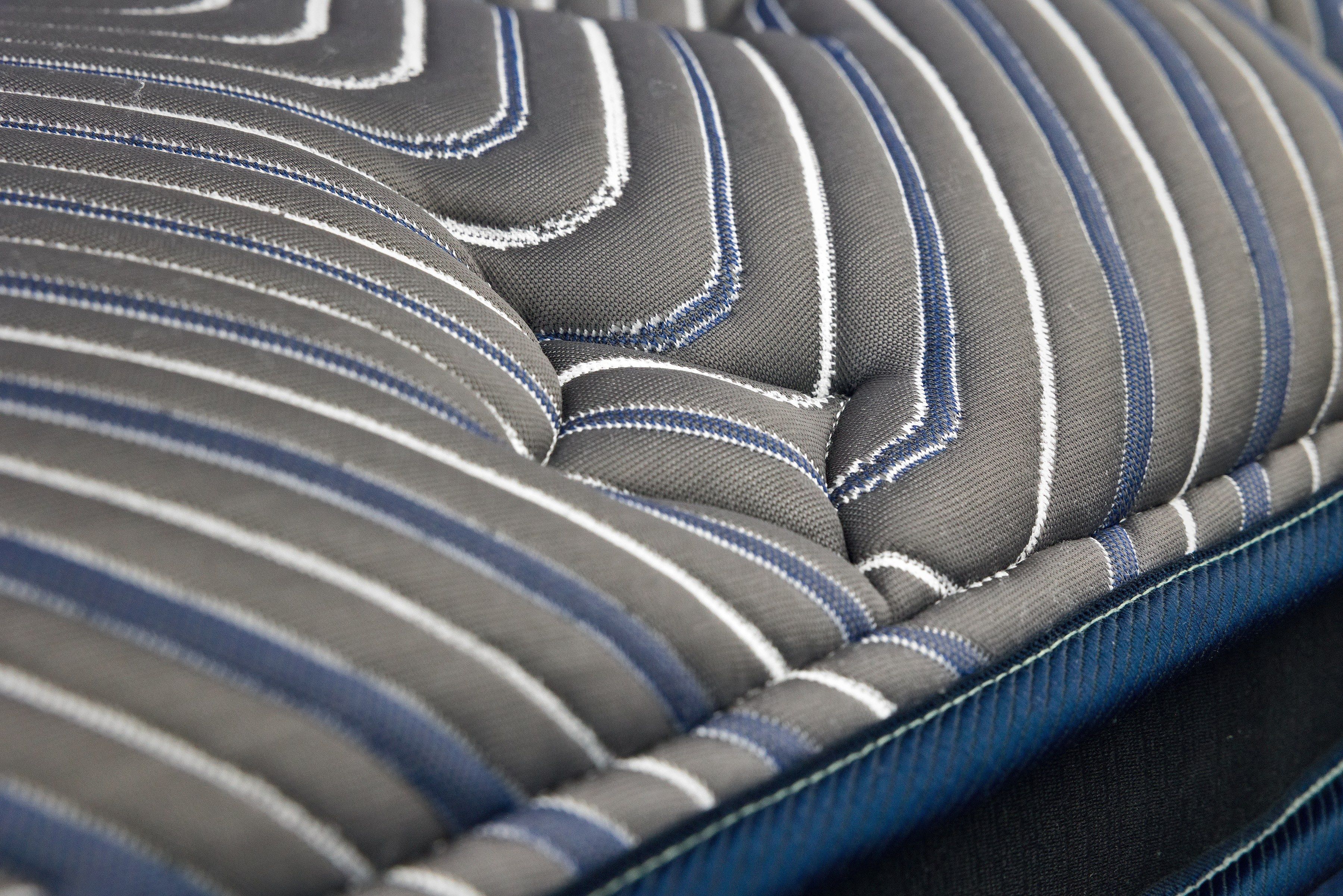 Close-up of the blue-and-white striped quilting on a pillow-top mattress